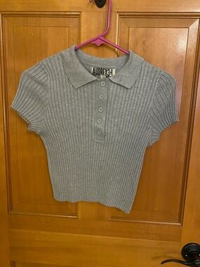 Audrey 3+1 Gray Ribbed Polo Crop Top
